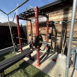 REP PR-5000 Squat Rack 80” With Iron Grip Weights And Extras.