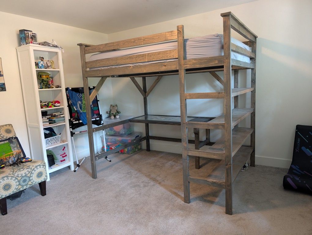 Custom Full-Size Loft Bunk Bed with Desk & Shelving - $400 (Lakewood, WA)
