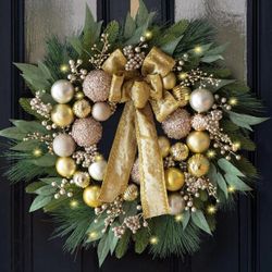 Christmas Wreath with Lights, 24 Inch Christmas Wreaths for Front Door with Christmas Ball Ornaments, Lifelike Pine Cones Berries & Bow, Christmas Doo