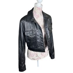 House of Harlow 1960  Women's Size: Small Cropped Jacket,  Black PU Leather, Snap Button Closure