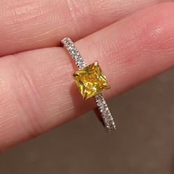 Princess Cut Yellow Zircon Pave Silver Ring S925 Sz 8