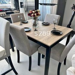5-pc Dining Table Set Natural Table Top & Soft Grey Upholstered Chairs 