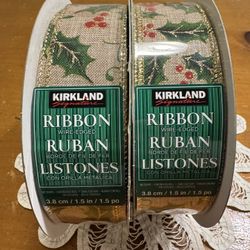 NEW! Kirkland Signature Wire Edged Ribbon Burlap Holly Pattern 50 Yd X 1.5”