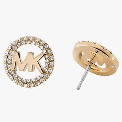 Michael Kors Round Yellow Gold Logo Pavé Stud Earrings 