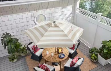7.5 ft. Market Crank and Tilt Outdoor Patio Umbrella in Tan and White Cabana Stripe
