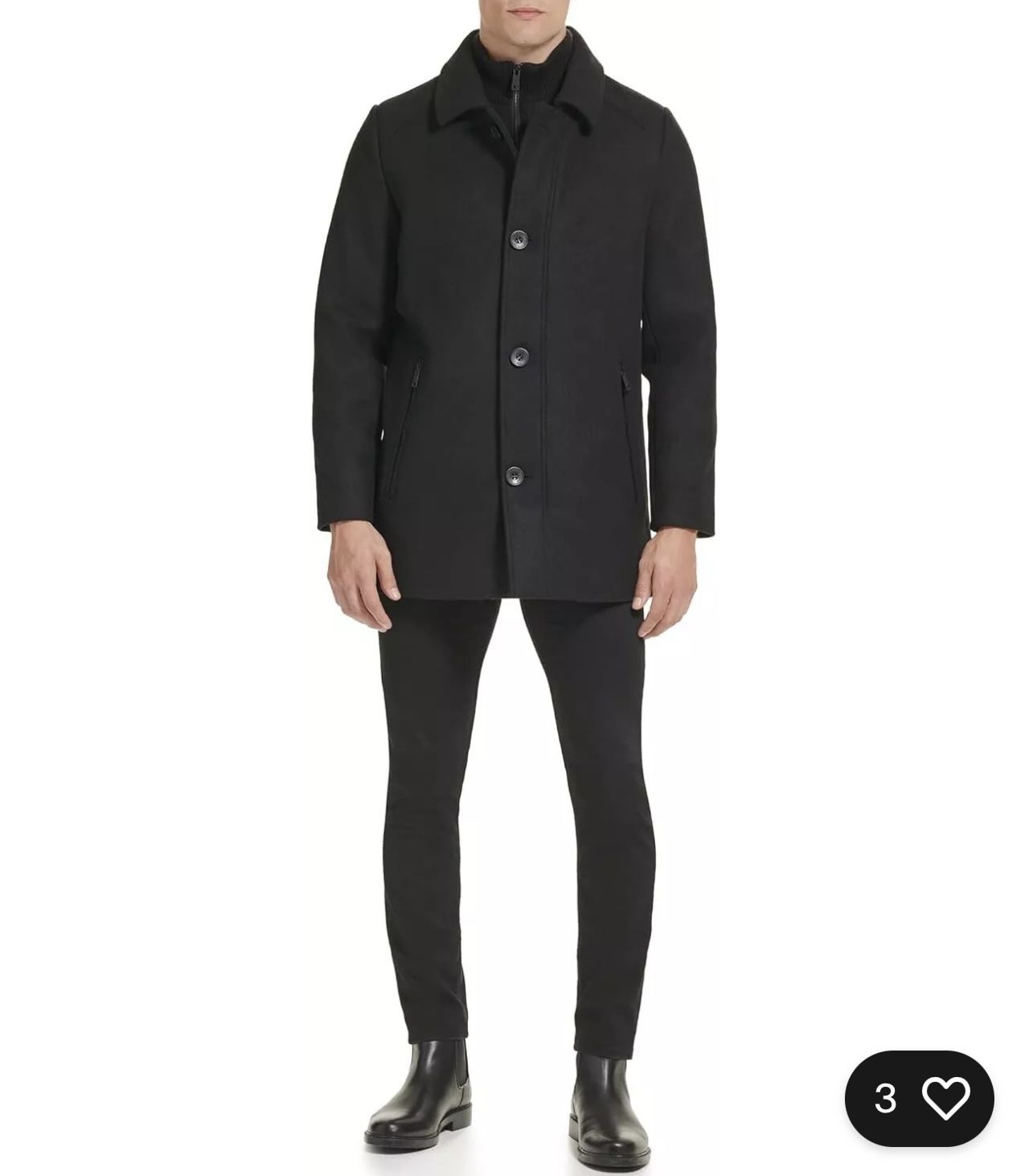 Kenneth Cole Men's Wool Single Breast Front Inner Quilted Wing Collar Coat Black Medium