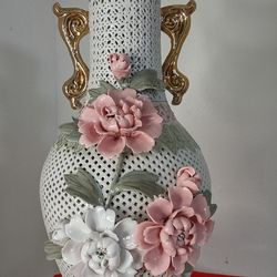 14" White Vintages Porcelain Vase with Porcelain Flowers.