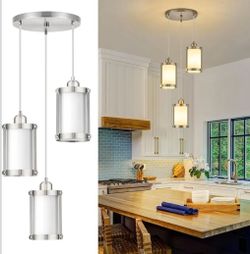 (Brand New in Box)  3-Light Pendant Lighting, Brushed Nickel Dining Room Chandelier Light Fixture Over Table with Milk Glass, Modern Cluster Hanging L
