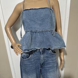 Wild Fable Blue Denim Peplum Cami Top Tie Strap Size LARGE