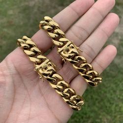18k Gold Plated Miami Cuban Link Chain Bracelet 14mm 8” Men’s Women’s Box Clasp Stainless Steel