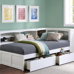 🚚Ask 👉Queen Bed, King Bed, Full Bed, Twin Bed, Mattress, box spring. 

✔️In Stock 👉 
Galen White Twin Bookcase Corner Bed with Storage Boxes