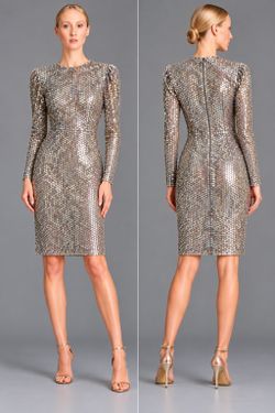 $3500 Mocha Silver Iridescent Sequin Dress Long Sleeve  Cocktail Party Holiday 4
