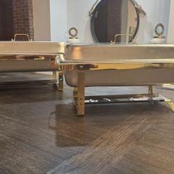 Like new Stainless Steel Chafing Dishes with gold stands and handles