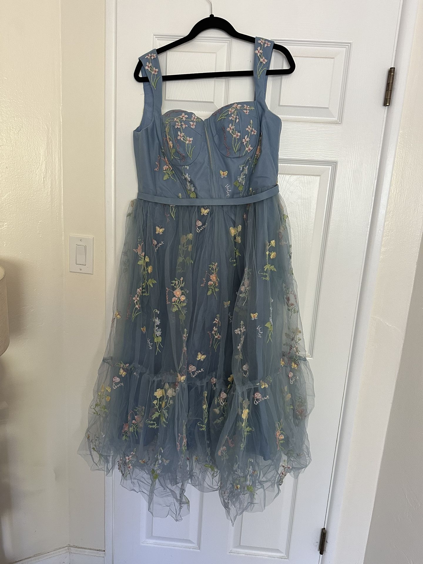 *Never Worn* Dusty Blue Tulle Embroidered Tea Length Dress