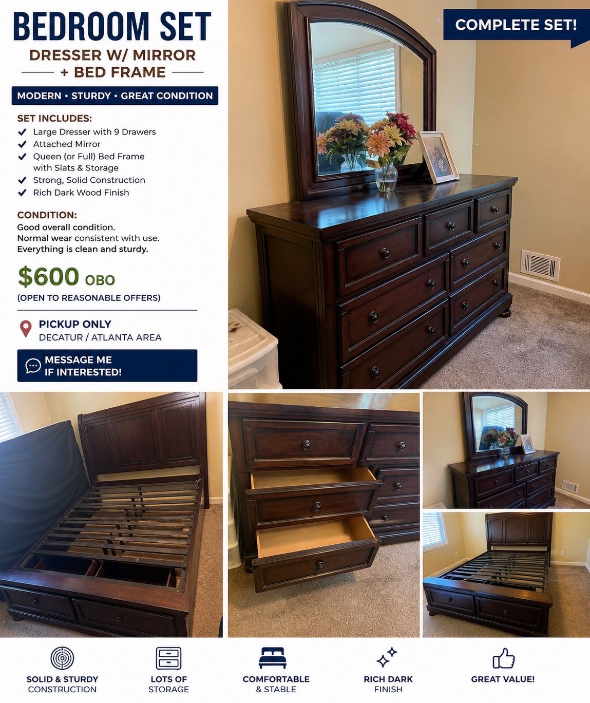 Modern Bedroom Set โ Dresser w/ Mirror + Bed Frame w/ Storage โ $600 OBO