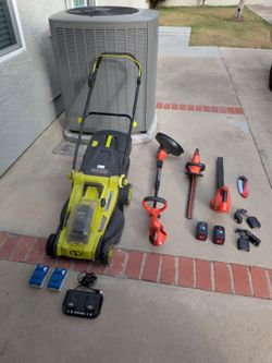 13-piece Gardening Set (lawn mower, edge trimmer, blower, hedge trimmer, folding pruning saw. 4 Batteries included
