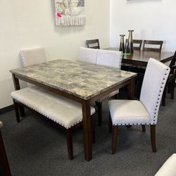 Dining Table With 4 Chairs And Bench In Linen Fabric ✅ Financing Available - Bad or No Credit Accepted ✅ 