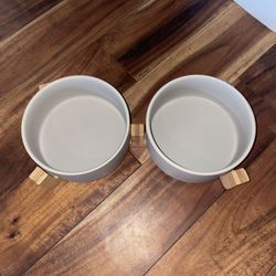 Grey Ceramic Medium Pet Bowls With Wooden Stand