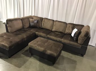 Brand New Brown Microfiber Sectional Set With Decorative Pillows & Storage Ottoman