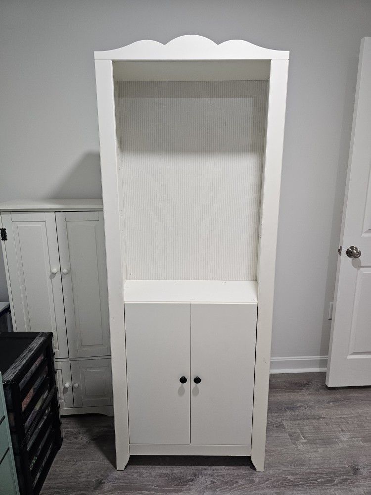 Barely used, White tall adjustable cabinet/shelf.