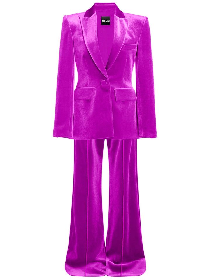 Hiniya Velvet Blazer & Flared Pants Set/Suit In Fuchsia- Brand New!