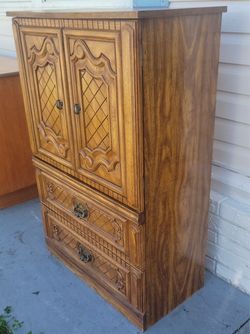 Solid wood chest armoire dresser with 2 drawers and storage doors! L33xD16xH48”