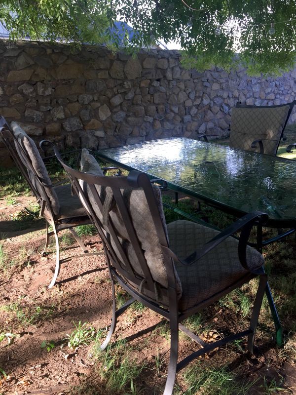 Patio Set Table No Breaks Four Solid Rod Iron Chairs With 40 Patio Set Table No Breaks Four Solid Rod Iron Chairs With 40 New Stand And 60 Solar Umbrella Used Once Included For In El Paso