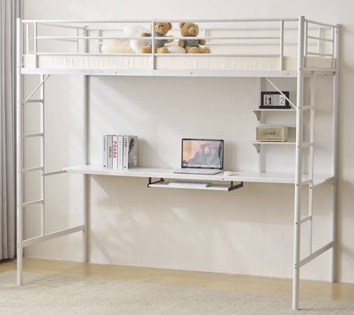 New White Metal Loft Bed Twin Size with Built in Desk Bunk Bed Style