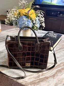 Dooney & Bourke Croc Embossed Leather Satchel Crossbody Brown Pink Lining