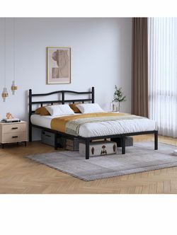 SHOANED 14 Inch Metal Bed Frame - Queen Size Heavy Duty Bedframe with Headboard Black Basic Steel Slats Platform No Box Spring Needed/Easy Assembly/No