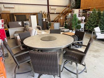Agio Oakland 7-Piece High Dining Set with Fire Table Retail $1799, our price $990