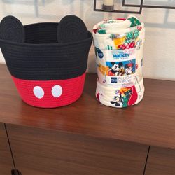 Disney Plush Throw And Mickey Basket