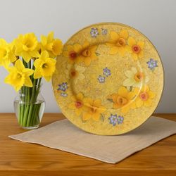 Artisans For Gump’s USA 1990s Daffodil Decoupage Charger Plate, Signed, NIB, 13”