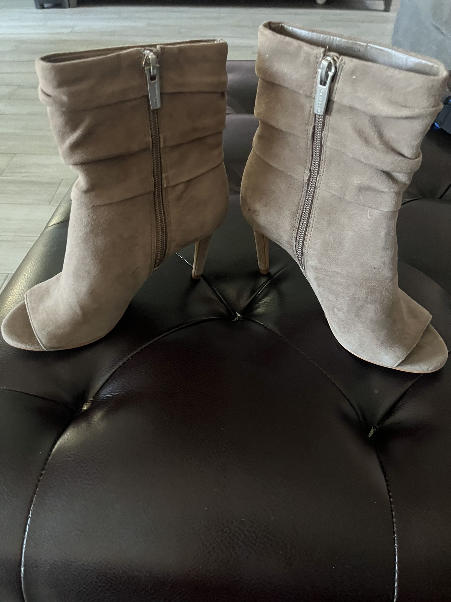 Vince Camuto Taupe Suede Heeled Booties Open toe 5