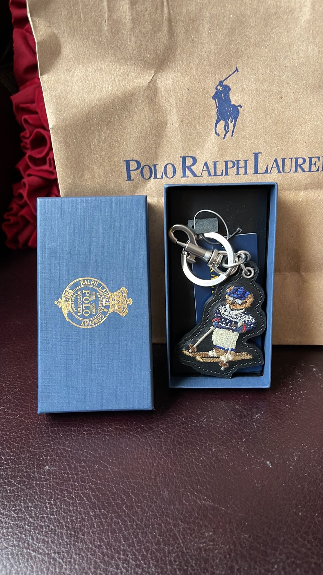 RALPH LAUREN POLO SKI SWEATER BEAR LEATHER key chain ring fob purse charm w/ box