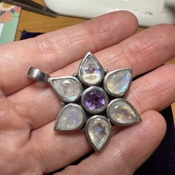 Rainbow Moonstone and Amethyst Sterling Silver flower pendant