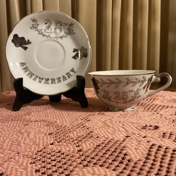 Vintage Lefton 25th Silver Wedding Anniversary Tea Cup/Saucer
