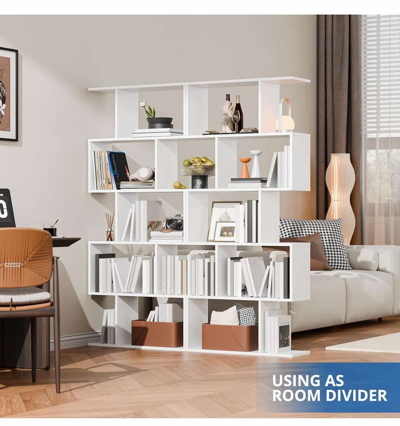 Tall Unique Bookcase with 5-Tier Display Shelf for Living Room Office, White S-42