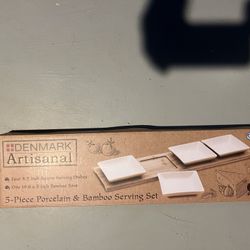 Denmark artisanal 5 piece porcelain and bamboo serving set