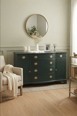 Beautiful Vintage Dresser – Elegant Deep Green with Gold Hardware