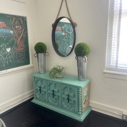 Vintage Chalk Painted Turquoise Dining Room Buffet Table. Measures 49 x 16 inches and 26 inches in height. Matching dining table posted separately. Re