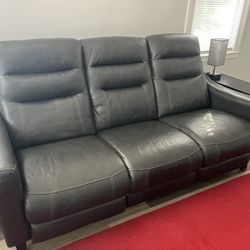 Real Leather Power Reclining Sofa + Recliner w/ USB Chargers – Like New