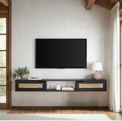 Floating TV Console Stand - 70in Black Rattan