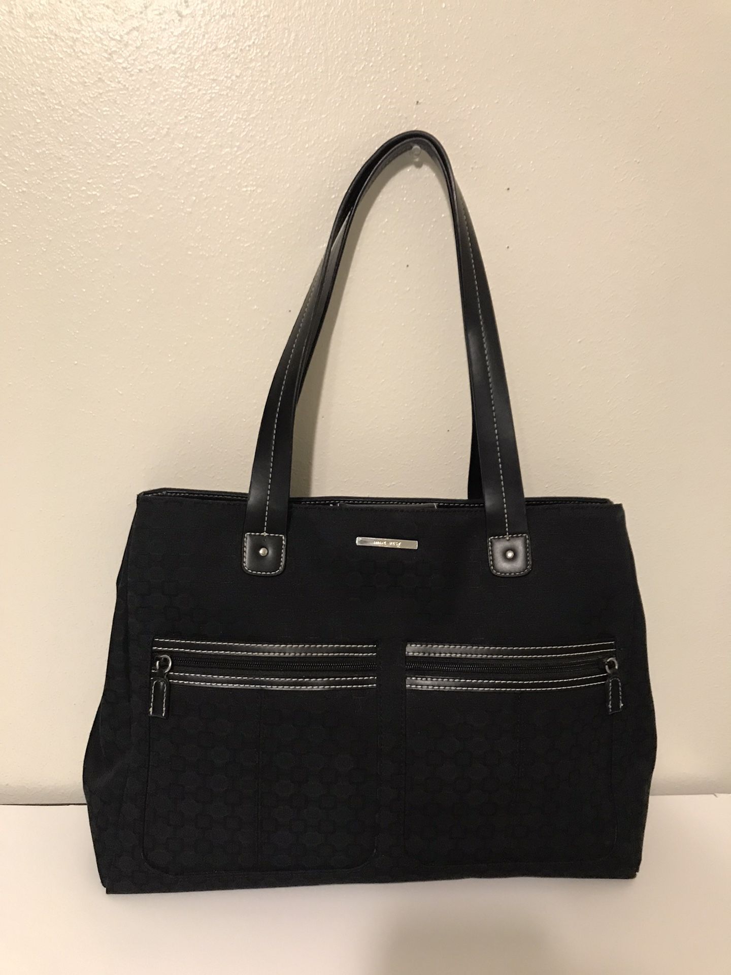 Nine West Large Black Canvas & Faux Leather Tote Organizer Purse Travel Bag