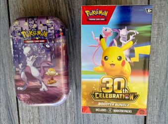 I am selling a Pokemon 30th Celebration Booster Bundle and Mini Tin - Mewtwo Brand new and Sealed.