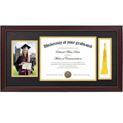 upsimples 11x22 Diploma Frame with Tassel Holder for 8.5x11 Certificate and 5x7 Photo with Black over Gold Mat, High Definition Glass, Mahogany with G