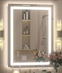 Apmir 24 in. W x 32 in. H Rectangular Frameless Double LED Lights Anti-Fog Wall Bathroom Vanity Mirror in Tempered Glass