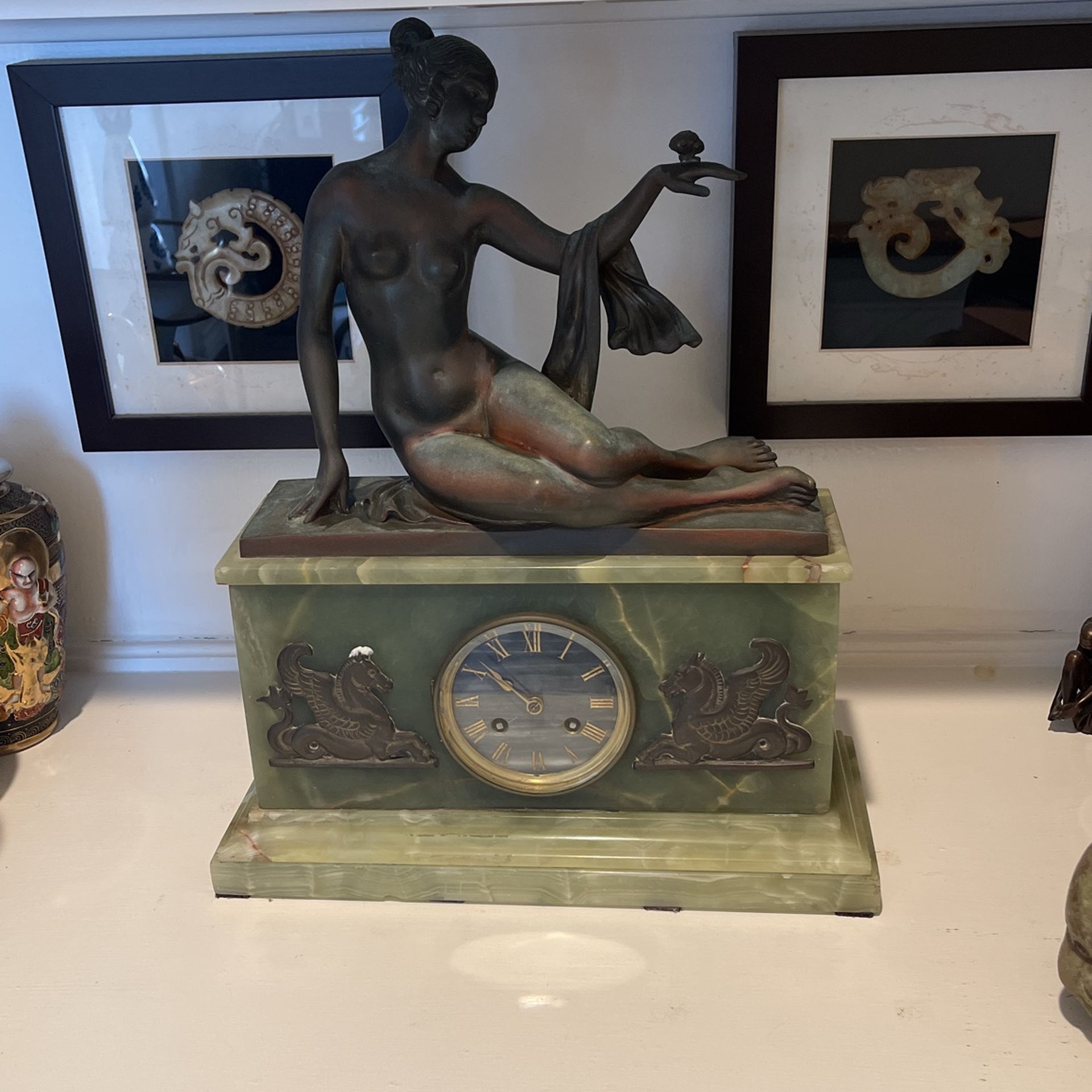 French 2Spring Mantle Clock Solid Green Onyx Case Price Dropped