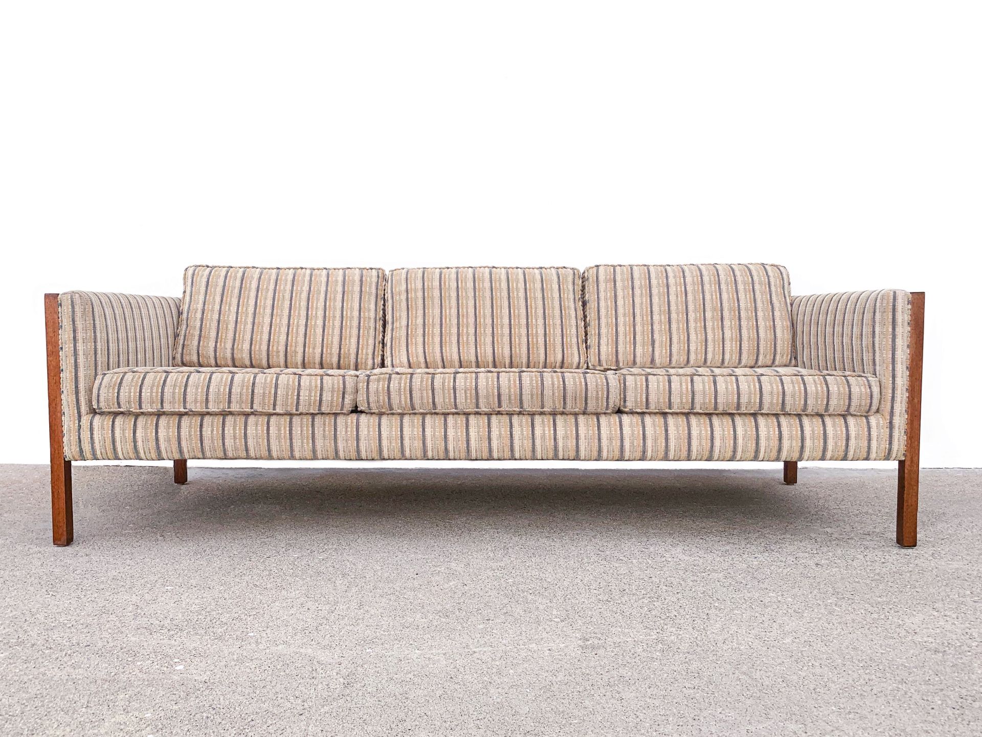 Mid Century Modern Solid Walnut Framed Three Seat Striped Sofa