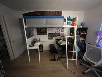 VITVAL Loft bed frame with desk top, white/light gray (twin)
